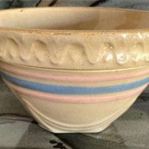 6” Yelloware Farmhouse Batter Bowl Primitive Decor Pottery. Pink & Blue striped